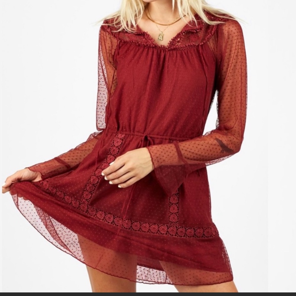 Cleobella mini‎ dress red womens lace embroidered  bell sleeve small